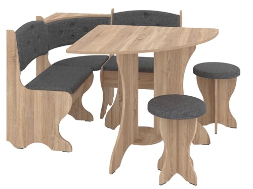 Rodnik Eckbankgruppe Bayar, 4-teiliges Set mit Eckbank, Viertelkreistisch und 2 Hockern, Sonoma Eiche/Grau, Modern (Möbel-Polsterstoff, Sonoma Eiche) von Rodnik