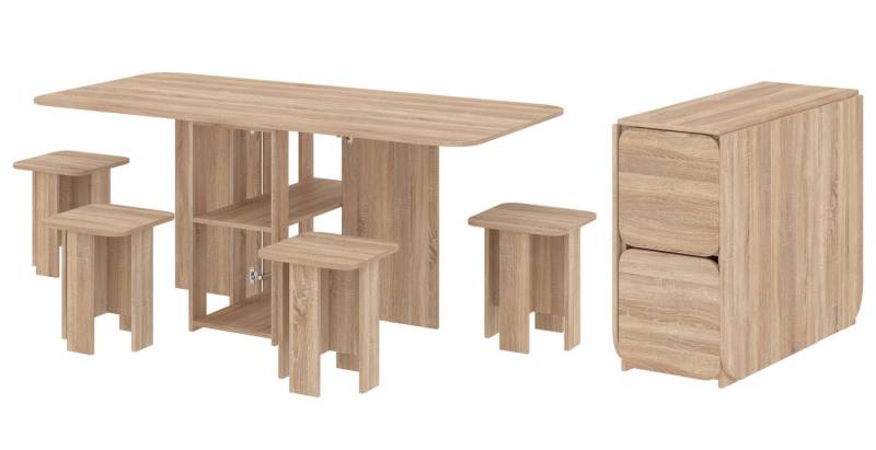 Rodnik Essgruppe Klapptisch-Hocker-Set 5 in 1, (Esstisch-Set, klappbar, 5-tlg., für kleine Räume), Tisch-Transformer, XL, kompakt, funktional, Hocker im Tisch verstaubar von Rodnik