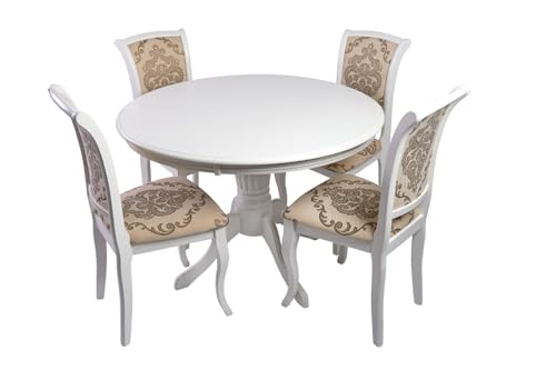 Rodnik Essgruppe Versailles, Säulentisch, Esstisch rund ausziehbar 105-140 cm, Stühle, Esszimmer Set Barock (Cremeweiss, Tisch mit 4 Stühlen) von Rodnik