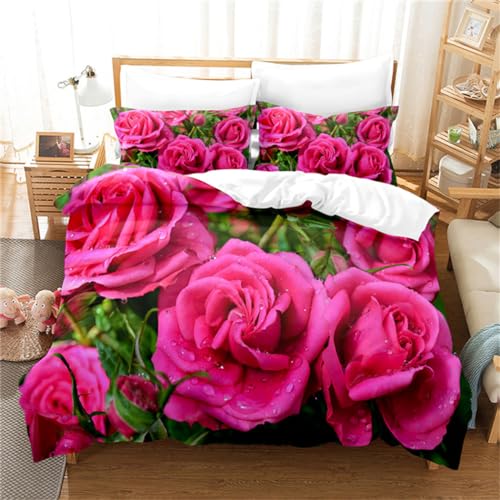 Bettwäsche 155x220 Rote Rose Bettbezug 155 x 220 2er Set, Weiche Microfaser Sommerbettwäsche mit ReißVerschluss, 1 Kissenbezug 80x80 cm, Bügelfreie Weich Bettdeckenbezug von Rodths