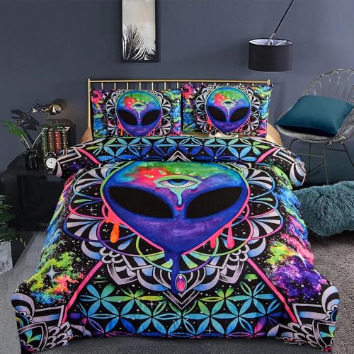 Rodths Bettwäsche 135x200 Aliens UFO Bettbezug 135 x 200 2er Set, Weiche Microfaser Sommerbettwäsche mit ReißVerschluss, 1 Kissenbezug 80x80 cm, Bügelfreie Weich Bettdeckenbezug von Rodths