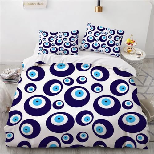Rodths Bettwäsche 135x200 Blaues böses Auge Bettbezug 135 x 200 2er Set, Weiche Microfaser Sommerbettwäsche mit ReißVerschluss, 1 Kissenbezug 80x80 cm, Bügelfreie Wendebettwäsche von Rodths