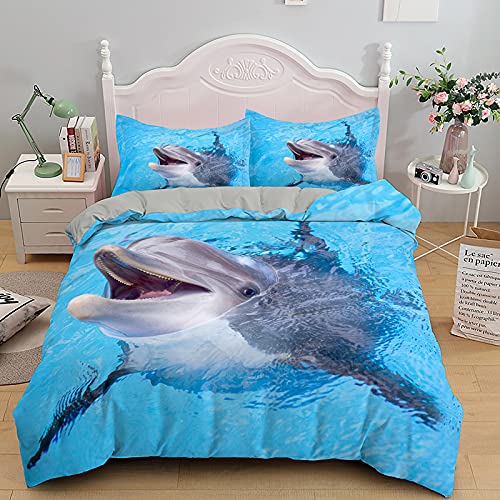 Rodths Bettwäsche 135x200 Delfin Bettbezug 135 x 200 2er Set, Weiche Microfaser Sommerbettwäsche mit ReißVerschluss, 1 Kissenbezug 80x80 cm, Bügelfreie Weich Bettdeckenbezug von Rodths