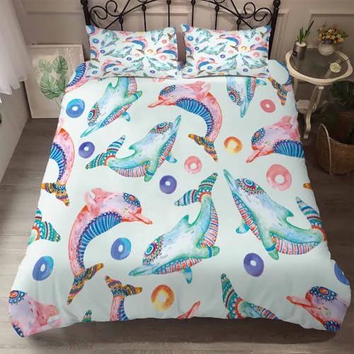 Rodths Bettwäsche 135x200 Delphin Bettbezug 135 x 200 2er Set, Weiche Microfaser Deckenbezug mit ReißVerschluss, 1 Kissenbezug 80x80 cm, Bügelfreie Weich Bettdeckenbezug von Rodths