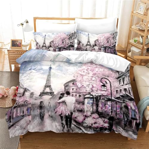 Rodths Bettwäsche 135x200 Eiffelturm Paris Stadtbild Bettbezug 135 x 200 2er Set, Weiche Microfaser Sommerbettwäsche mit ReißVerschluss, 1 Kissenbezug 80x80 cm, Bügelfreie Weich Bettdeckenbezug von Rodths