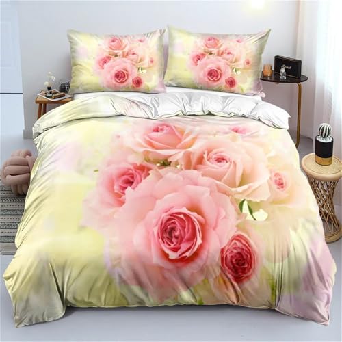 Rodths Bettwäsche 135x200 Rose Bettbezug 135 x 200 2er Set, Weiche Microfaser Deckenbezug mit ReißVerschluss, 1 Kissenbezug 80x80 cm, Bügelfreie Weich Bettdeckenbezug von Rodths