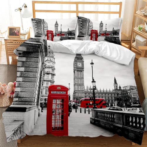 Rodths Bettwäsche 140x200 Londoner Brücke Big Ben Bettbezug 140 x 200 2er Set, Weiche Microfaser Sommerbettwäsche mit ReißVerschluss, 1 Kissenbezug 70x90 cm, Bügelfreie Wendebettwäsche von Rodths