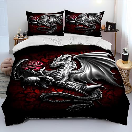 Rodths Bettwäsche 155x220 Drache Bettbezug 155 x 220 2er Set, Weiche Microfaser Sommerbettwäsche mit ReißVerschluss, 1 Kissenbezug 80x80 cm, Bügelfreie Weich Bettdeckenbezug von Rodths
