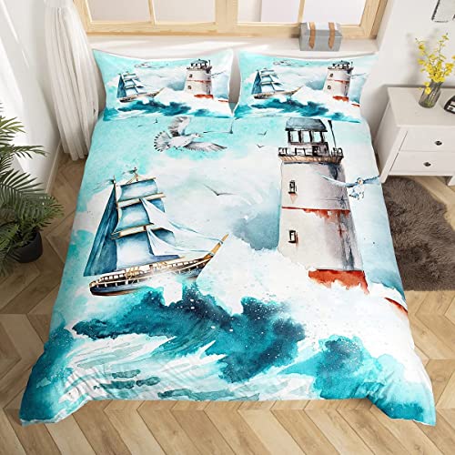 Rodths Bettwäsche 155x220 Leuchtturm Boot Segeln Bettbezug 155 x 220 2er Set, Weiche Microfaser Sommerbettwäsche mit ReißVerschluss, 1 Kissenbezug 80x80 cm, Bügelfreie Weich Bettdeckenbezug von Rodths