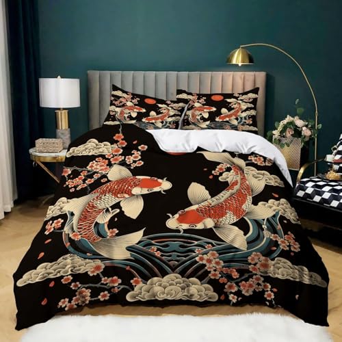 Rodths Japanischer Koi Bettwäsche 140x200, Bettbezug 140 x 200 2er Set, Weiche Microfaser Deckenbezug mit ReißVerschluss, 1 Kissenbezug 70x90 cm, Bügelfreie Weich Bettdeckenbezug von Rodths