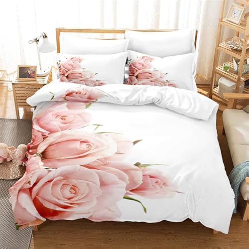 Rodths Rosa Rosen Bettwäsche 155x220, Bettbezug 155 x 220 2er Set, Weiche Microfaser Sommerbettwäsche mit ReißVerschluss, 1 Kissenbezug 80x80 cm, Bügelfreie Weich Bettdeckenbezug von Rodths