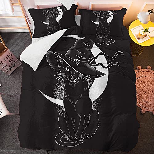 Rodths Schwarze Katze Mond Gothic Bettwäsche 135x200, Bettbezug 135 x 200 2er Set, Weiche Microfaser Sommerbettwäsche mit ReißVerschluss, 1 Kissenbezug 80x80 cm, Bügelfreie Weich Bettdeckenbezug von Rodths