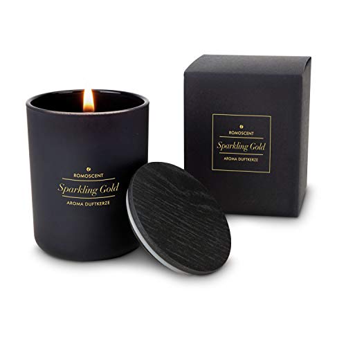 Römer Wellness Geschenkartikel: ROMOSCENT Aromakerze Sparkling Gold im edlen, schwarzen Glas mit Holzdeckel; Duftkerze für Drinnen und Draußen; Maße: ca. 6 x 6 x 8 cm von Römer Wellness