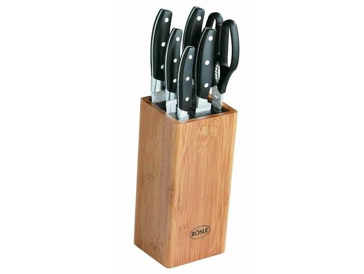 Messerblock RÖSLE Cuisine , braun (braun, schwarz, mit 5 messern und küchenschere), Messerblöcke, Messerblock, aus Bambusholz mit 5 Messern und Küchenschere, Klingenspezialstahl von Rösle