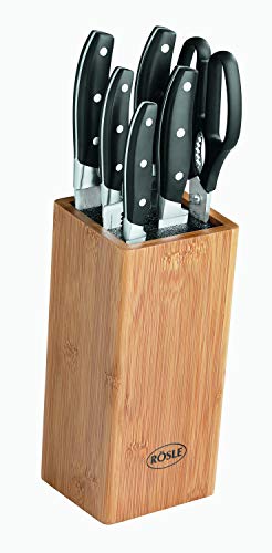 RÖSLE CUISINE Bürsten Messerblock bestückt 7-tlg., Hochwertiger Messerblock aus Bambusholz mit 5 scharf geschliffenen Messern und Küchenschere, Klingenspezialstahl, Fingerschutz von RÖSLE