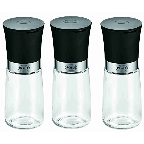 RÖSLE Gewürzmühlen-Set 3-tlg, Hochwertige Salz- und Pfeffermühlen mit Keramikmahlwerk für alle Arten von Gewürzen, Glasbehälter, 14 cm, Transparent / Schwarz von RÖSLE