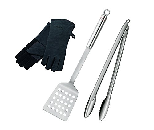 RÖSLE Barbecue-Set 3-tlg., Hochwertiges Grillset mit Leder-Grillhandschuhe, BBQ-Wender, Grillzange 40 cm, Edelstahl 18/10, spülmaschinengeeignet von RÖSLE