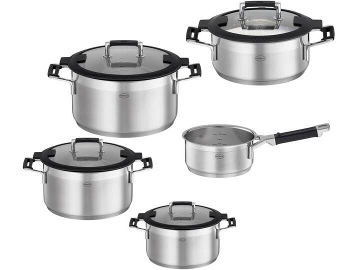 Topf-Set RÖSLE SILENCE PRO , silber (silberfarben, schwarz), Töpfe, Innenskalierung und Schüttrand, spülmaschinen- und induktionsgeeignet von Rösle