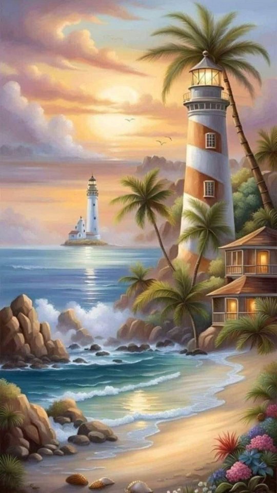 Rötting Design Malen nach Zahlen BASTELIDEE 5d Diamond Painting Set Motiv Leuchtturm in der Südsee (Komplett-Set), Diamond Painting Vollbild, Lieferung enthält alle Utensilien von Rötting Design