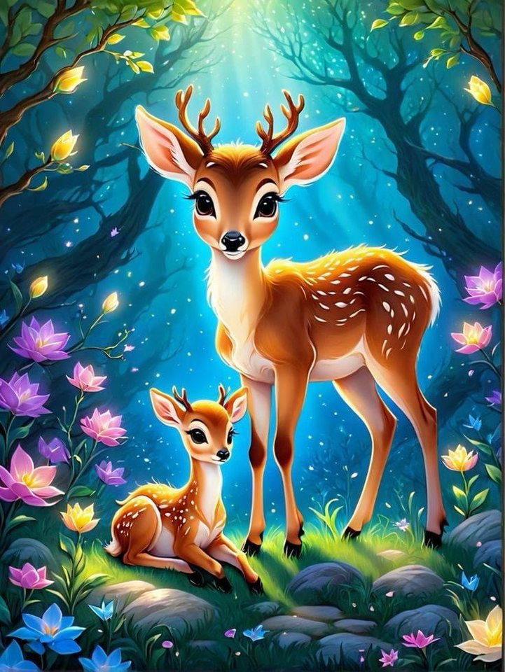Rötting Design Malen nach Zahlen BASTELIDEE 5d Diamond Painting Set Motiv niedliche Bambis im Wald (Komplett-Set), Diamond Painting Vollbild, Lieferung enthält alle Utensilien von Rötting Design