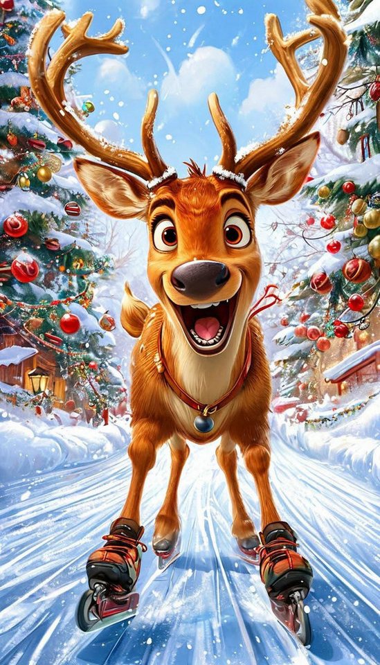 Rötting Design Malen nach Zahlen Diamond Painting Set 5D DIY Motiv Renntier Rudi beim Eislaufen (Komplett-Set), Diamond Painting Vollbild, Lieferung enthält alle Utensilien von Rötting Design