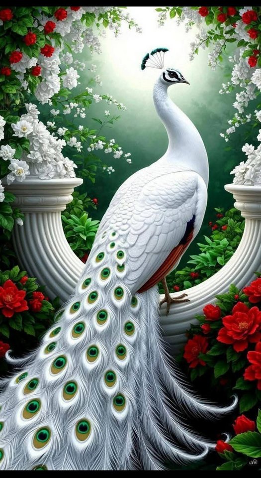 Rötting Design Malen nach Zahlen Diamond Painting Set 5D DIY Motiv weißer Pfau im Blumenmeer (Komplett-Set), Diamond Painting Vollbild, Vollständiges Zubehörpaket von Rötting Design