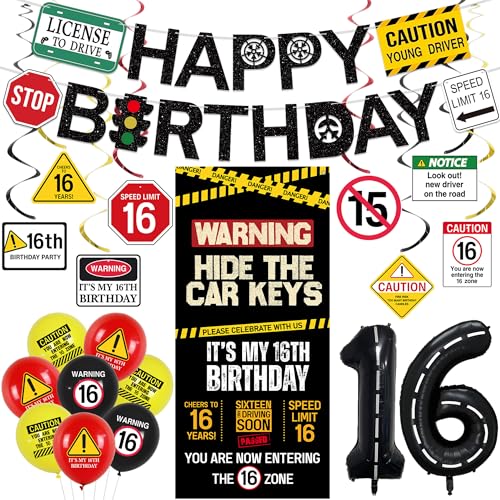 Roetyce 16. Geburtstag Dekorationen Jungen Mädchen Verstecken Sie die Autoschlüssel Happy 16th Birthday Banner Hintergrund Luftballons hängende Wirbel, Vorsicht Logo Themed 16 Jahre alt Party Hof Tür Roetyce 16. Geburtstag Dekorationen Jungen Mädchen Verstecken Sie die Autoschlüssel Happy 16th Birthday Banner Hintergrund Luftballons hängende Wirbel, Vorsicht Logo Themed 16 Jahre alt Party Hof Tür von Roetyce