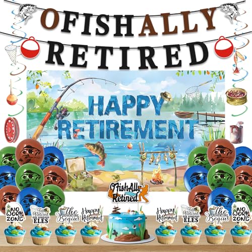 Roetyce Ofishally Retirement Party Decorations Men Women, Retired Banner Balloons Cake Topper Hanging Swirls Kit, Gone Fishing Themed Happy Retirement Party Supplies for Coworker Photo Backdrop Roetyce Ofishally Retirement Party Decorations Men Women, Retired Banner Balloons Cake Topper Hanging Swirls Kit, Gone Fishing Themed Happy Retirement Party Supplies for Coworker Photo Backdrop von Roetyce
