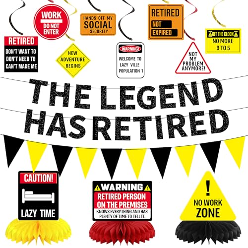 Roetyce Retirement Decorations Men Women, Caution Happy Retirement Banner Hanging Swirls Centerpieces Kit, Funny Legend Retired Party Supplies Backdrop for Coworker Family von Roetyce