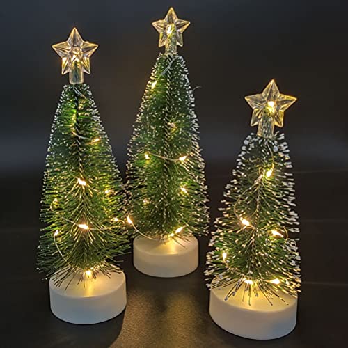 Roexboz Mini Weihnachtsbäume, 3 Stück Miniatur Kleiner Sisalbaum mit Holzsockel, LED Flaschenbürste Bäume Weihnachten Tischbäume für Heimdekoration von Roexboz