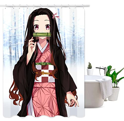 Roffatide Anime Damon Slayer Duschvorhang Kamado Nezuko wasserdichte Duschvorhange mit 12 Haken für Mädchen Badezimmer Dekor 70.8 x 70.8 Zoll von Roffatide