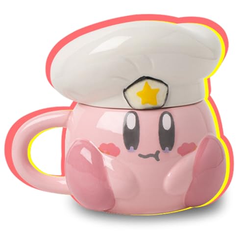 Roffatide Cartoon Pink Cook Kirby Tassen: Kirby Neuheit Tasse Kaffeetasse Set (rosa Tasse Kochmütze Deckel) Geschenk für Weihnachten Geburtstag von Roffatide