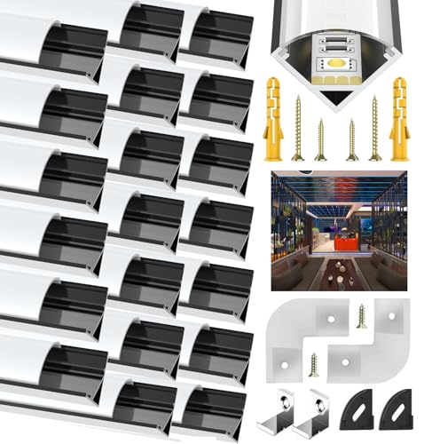 LED Kanal Schwarz V Form, 20X1M Strip Aluminium Profil Kanal für 10mm LED Streifen, Leiste Schiene Kanäle Stripes Diffusor Aluprofil Eckprofil mit Milchig Weißer Abdeckung und 45 Grad Eckverbindern von Rogisi