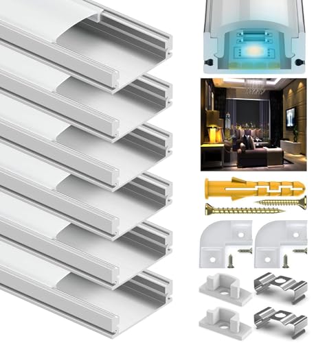 LED Profil, 6x1M Aluminium Profil U Form Strip Kanal für 12mm LED Streifen, Stripe Schiene Strip Diffusor Leiste Kanäle Aluprofil Eckprofil mit Milchig Weißer Abdeckung und 90 Grad Eckverbindern von Rogisi
