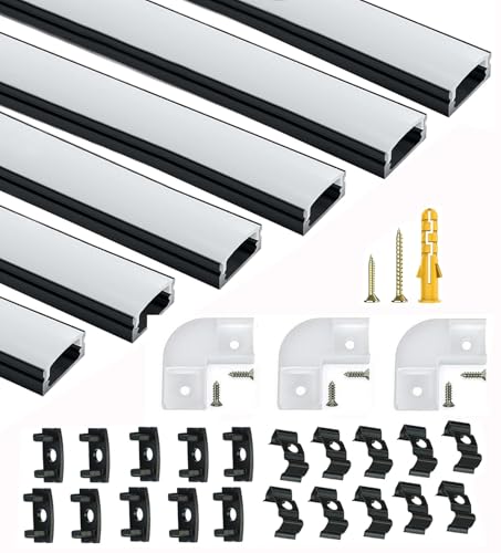 LED Profil Schwarz, 6X1M U Form Aluminium Profil Kanal für 12mm LED Streifen, Stripe Schiene Stripes Eckprofil Kanäle Leiste Diffusor Aluprofil mit Milchig Weißer Abdeckung und 90 Grad Eckverbindern von Rogisi