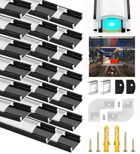 LED Profil Schwarz 20X1M, U Form Stripes Aluminium Profil Kanal für 12mm LED Streifen, Leiste Schiene Kanäle Strip Diffusor Aluprofil Eckprofil mit Milchig Weißer Abdeckung und 90 Grad Eckverbindern von Rogisi