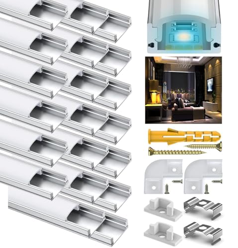 LED Stripe Kanal, 20x1M Aluminium Profil U Form Strip Profil für 12mm LED Streifen, Leiste Schiene Kanäle Aluprofil Eckprofil Stripes Diffusor mit Milchig Weißer Abdeckung und 90 Grad Eckverbindern von Rogisi