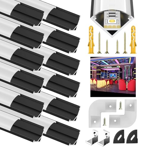 LED Stripe Profil Schwarz, 12X1M Aluminium Profil V Form Kanal Schwarz für 10mm LED Streifen, Stripes Schiene Leiste Aluprofil Eckprofil Diffusor mit Milchig Weißer Abdeckung und 45 Grad Eckverbindern von Rogisi