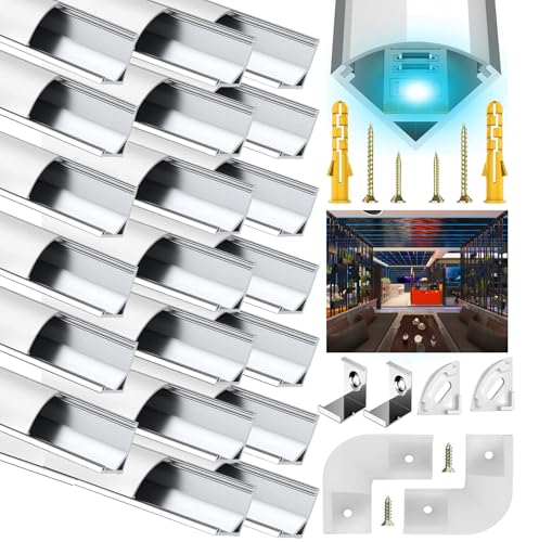 Rogisi LED Aluminium Profil V Form, 20x1M Strip Profil Leiste Kanal für 10mm LED Streifen, Stripes Kanäle Diffusor Aluprofil Schiene Eckprofil mit Milchig Weißer Abdeckung und 45 Grad Eckverbindern von Rogisi