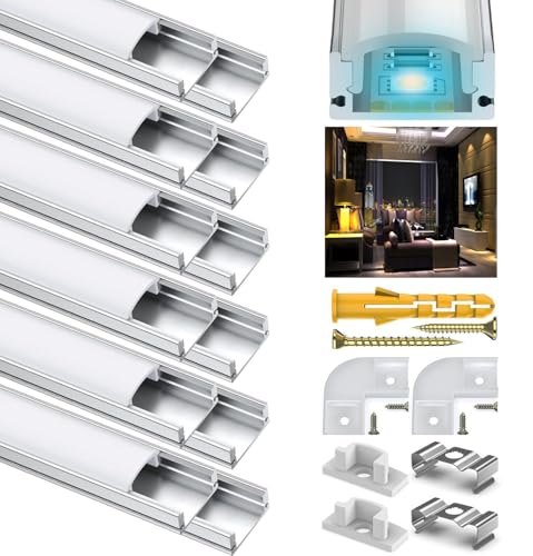 Rogisi LED Kanal, 12x1M U Form Aluminium Profil Leiste Profil für 12mm LED Streifen, Stripe Schiene Strip Kanäle Diffusor Alu Profil Eckprofil mit Milchig Weißer Abdeckung und 90 Grad Eckverbindern von Rogisi
