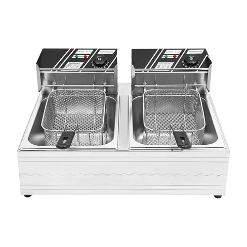 6L+6L elektrische Doppelkessel-Fritteuse, 2500 W Edelstahl-Fritteuse für den Gewerblichen Gebrauch, mit Frittierkorb und Sieb, Temperaturbereich 60–200 °C, Geeignet zum Frittieren von Hähnchenflügeln, von Rogowsen
