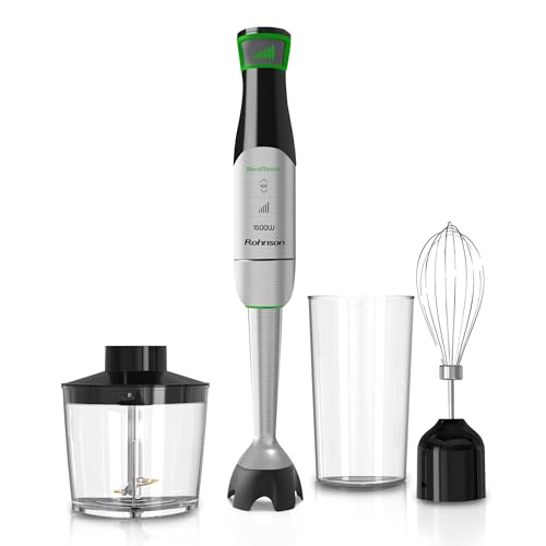 Rohnson BlendMaster R-5750 Stabmixer mit 1500 W, Vario-Blade-Technologie und Tiefenregelung, inklusive Schneebesen, Messbecher und Zerkleinerer, Spiralkabel von Rohnson