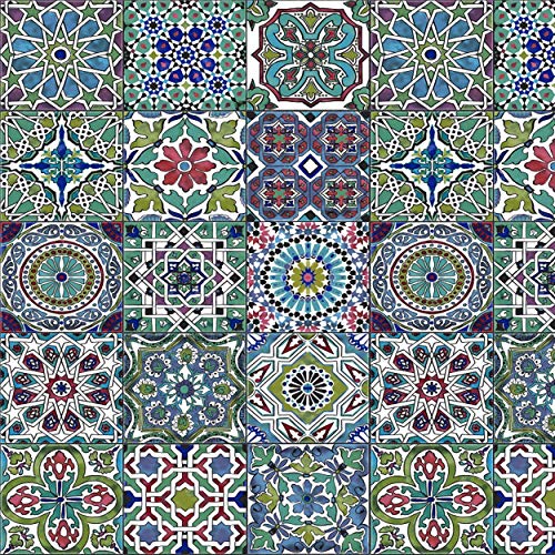 [19,70€/m²] Klebefolie in bunter Fliesen-Optik - Mosaik orientalisch [150 x 67,5cm] inkl. Rakel & E-Book I Selbstklebende Folie für Möbel Küche & Deko I Möbelfolie Mosaik-Optik mit Aztek Ornamente von Rohr-Trading.SURFACES