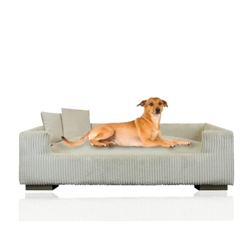 Rohrschneider® Hundesofa | Hundebett Cord für mittelgroße und Grosse Hunde, hoher Rand, waschbarer Bezug, Cord aus 100% Polyester | beige | B 90 x T 57 x H 26 cm | inkl. 2X Dekokissen von Rohrschneider