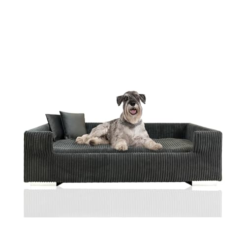 Rohrschneider® Hundesofa | Hundebett Cord für mittelgroße und Grosse Hunde, hoher Rand, waschbarer Bezug, Cord aus 100% Polyester | grau | B 90 x T 57 x H 26 cm | inkl. 2X Dekokissen von Rohrschneider