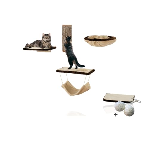 Rohrschneider® Katzen-Kletterwand 6-teilig in Beige | Kletterlandschaft mit Kratzbrett, Katzen Höhlenbett & Wandelementen | Katzenwandmöbel mit Katzenkratzbretter Wand | Katzen Kletterlandschaft von Rohrschneider