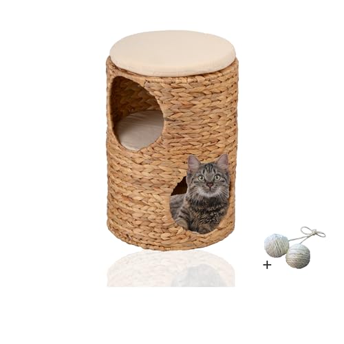 Rohrschneider® Kratztonne für kleine Katzen mit 2 Etagen, kuschelige Katzenhöhle, Sitzkissen | Kratzbaum Wasserhyazinthe | Katzenbaum & Kratzhöhle Katzen | Katzenkörbchen geflochten | Rückzugsort von Rohrschneider