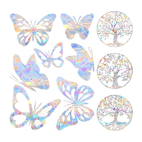 28 Stück Sonnenfänger Aufkleber Suncatcher Sticker Regenbogen Fenster Sticker Schmetterling Rund Baum des Lebens Prismen Fensteraufkleber für Vogelschläge von Roinaid