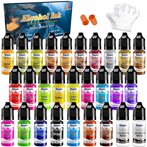 Roizefar Alkohol Tinten set – 28 Alcohol Ink Farben, Harzfarbe, konzentrierte, Tinte auf Alkoholbasis, Alcohol Ink Epoxidharz farbe für Untersetzer, Acrylmalerei, Becherherstellung, je 10 ml von Roizefar