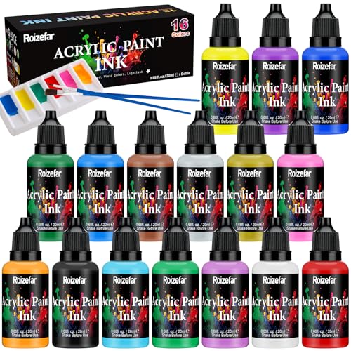 Roizefar Acryltusche Set mit 16 Farben (je 20 ml) mit 2 Pinseln und 1 Palette, Permanente Acryl-Künstlertusche für Anfänger, ideal für Anfänger, Erwachsene, Kinder, Künstler von Roizefar